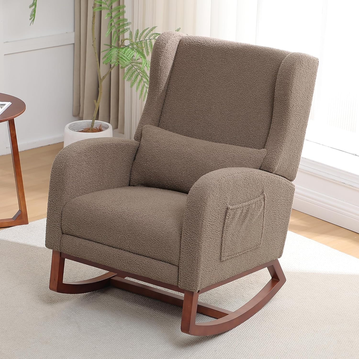 HCHAIRH Rocking Chair with Foot Rest, Teddy Wingback Nursery Rocking Chairs, Nursing Glider Rocker Chair with Pillow and High Back for Nursery, Living Room, Bedroom