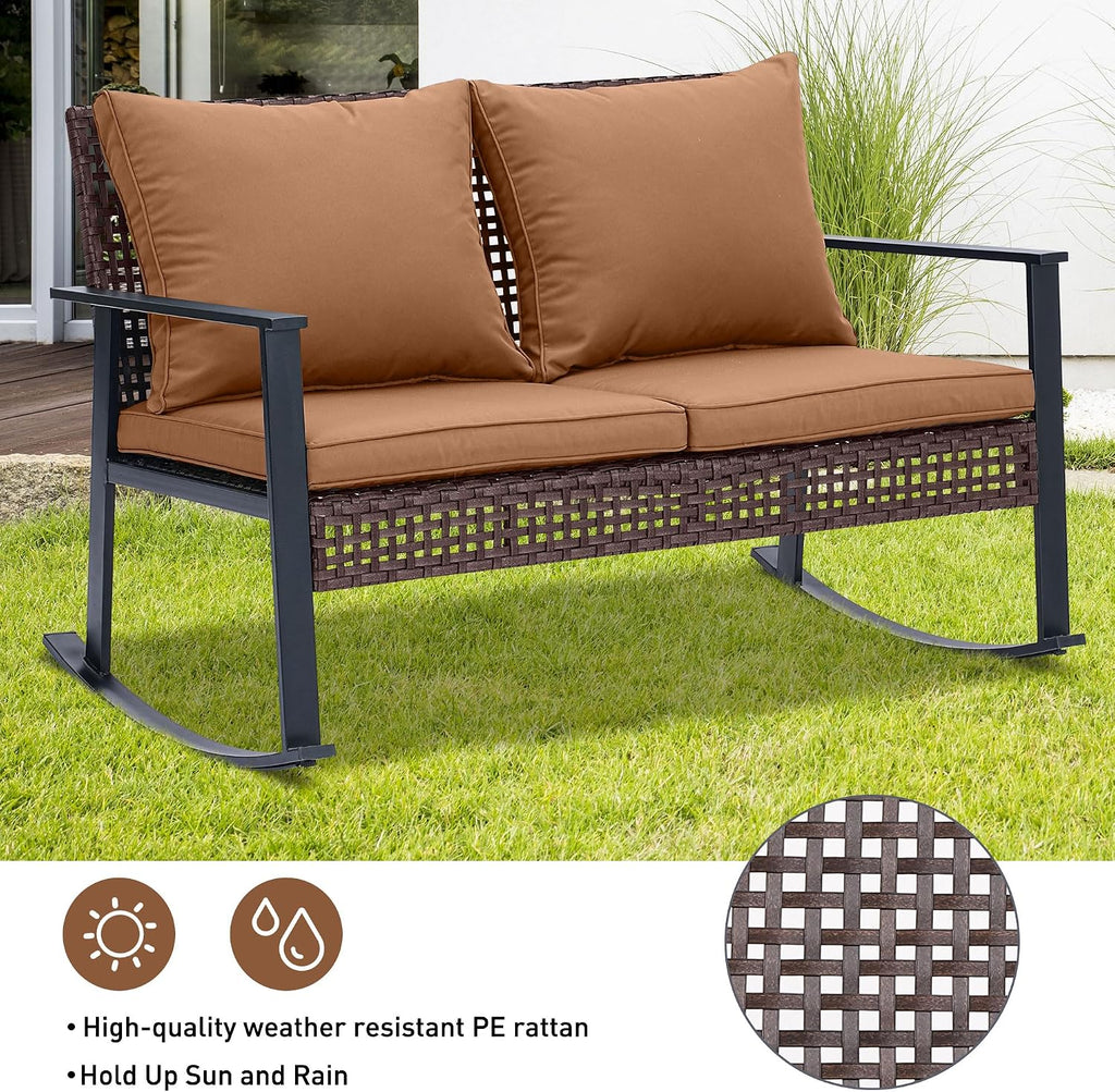 GDY Outdoor Wicker Loveseat Rocking Chair, Patio Outdoor Furniture Conversation Sets, Rattan Rocker Chair with Cushions, Modern Cozy Rocking Wicker Furniture for Garden, Porch, Poolside & Deck, Brown.