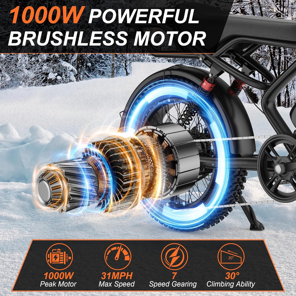 Electric Bike for Adults 20' Fat Tire Electric Dirt Bike with 48V 18Ah Battery 50-70 Miles Electric Motorcycle Ebikes, 1000 Peak Motor 31MPH Top Speed E-Bikes, APP, 2 Seater, Full Suspension