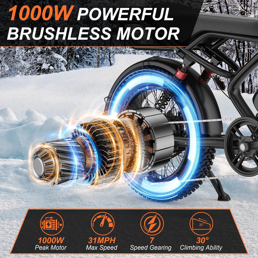Electric Bike for Adults 20' Fat Tire Electric Dirt Bike with 48V 18Ah Battery 50-70 Miles Electric Motorcycle Ebikes, 1000 Peak Motor 31MPH Top Speed E-Bikes, APP, 2 Seater, Full Suspension