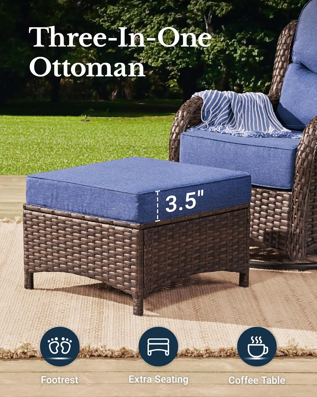 HILLGA Luxury Outdoor Swivel Rocker Patio Chairs of 2 with 6 Inch Thick Cushions and Side Table, Swivel Outdoor Chairs 5PCS High Back Wicker Patio Furniture Set for Porch, Balcony, Deck in Blue