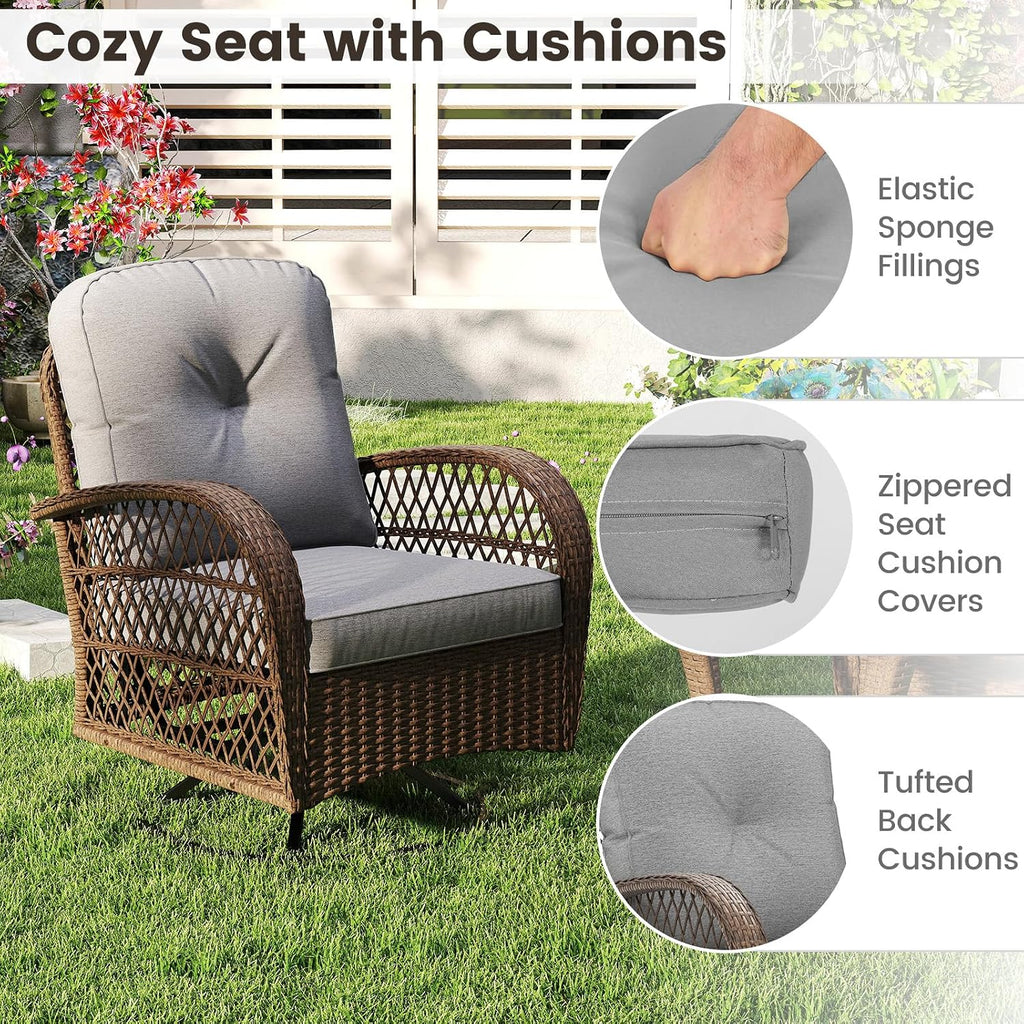 Tangkula 3 Piece Patio Swivel Rocker Set, 2 Outdoor Wicker Rocking Chairs with Tempered Glass Side Table, Outside Gliding Bistro Furniture Set with Thick Cushions for Porch, Yard, Balcony (Gray)