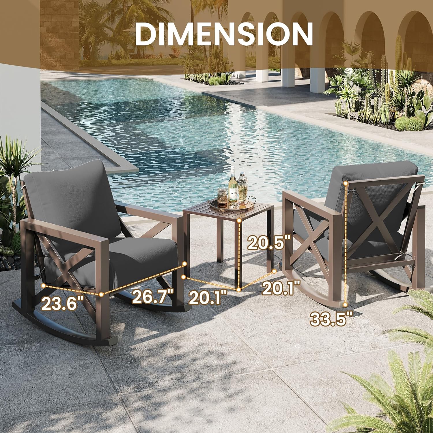 UDPATIO Outdoor Rocking Chair Set of 2 with Coffee Table, 3 Piece Metal Patio Furniture Set with 6.5' Water-Resistant Cushions, Oversized, 350lbs Heavy-Duty, for Porch, Patio, Balcony, Dark Grey