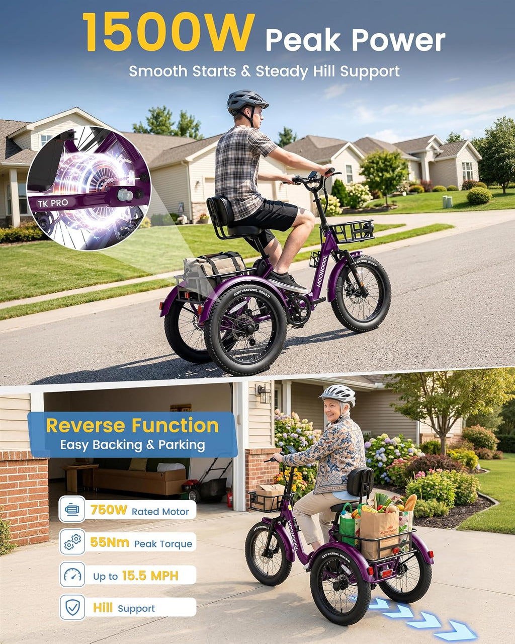 MOONCOOL Electric Trike for Adults, 500W/750W 48V Electric Tricycle for Adults, 20'x3.0' Fat Tire 3 Wheel Electric Bike, Folding Aluminum Adult Tricycle with Removable Battery