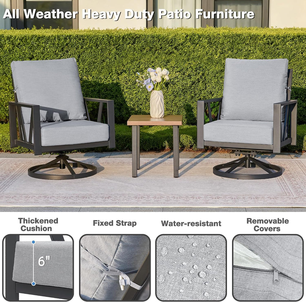 Outdoor Patio Swivel Rocking Chairs Set, Front Porch Furniture with 6' Thick Cushions, 3 Pieces Outdoor Bistro Set with Coffee Table, 350lbs, Light Grey