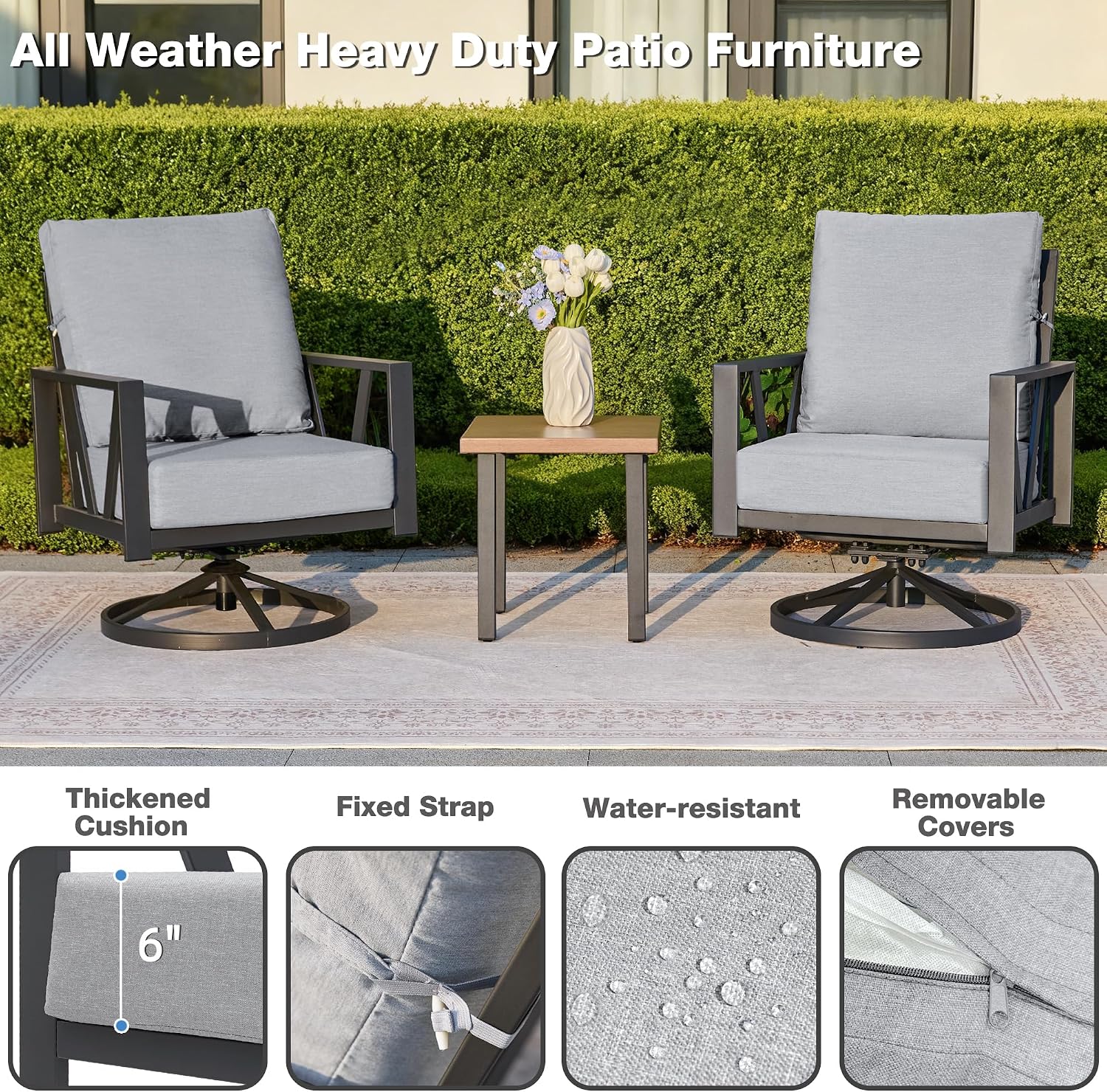 Outdoor Patio Swivel Rocking Chairs Set, Front Porch Furniture with 6' Thick Cushions, 3 Pieces Outdoor Bistro Set with Coffee Table, 350lbs, Light Grey
