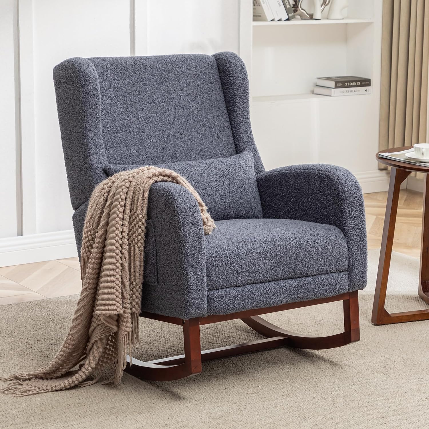 HCHAIRH Rocking Chair with Foot Rest,Teddy Nursery Rocking Chairs, Wingback Nursing Glider Rocker Chair with Pillow and High Back for Nursery, Living Room, Bedroom, Dark Grey