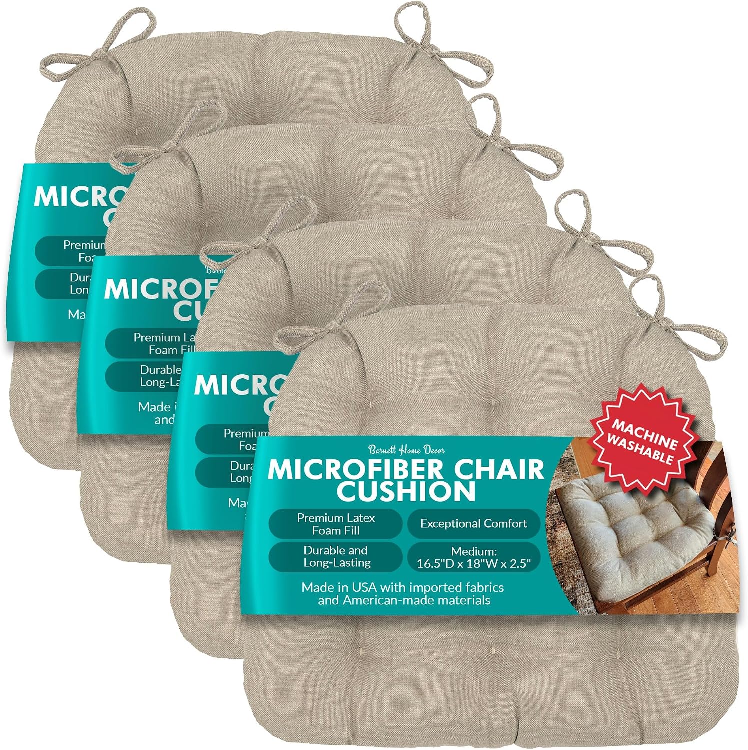 Barnett Home Decor Hayden Dining Chair Cushions with Ties, 16.5 x 18 Inches, Pack of 4 – Machine Washable, Made in USA, Reversible with Plush Latex Foam Fill for Comfortable Seating – Beige (Natural)