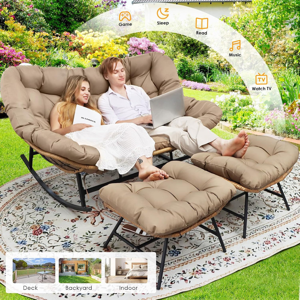 RADIATA Double Papasan Chair Outdoor with Cushion & Ottoman, 2 Person Oversized Rocking Lounge Chairs for Reading, PE Wicker, 700 lbs Heavy Duty, Comfy Loveseat Recliner for Patio Backyard Lawn Brown