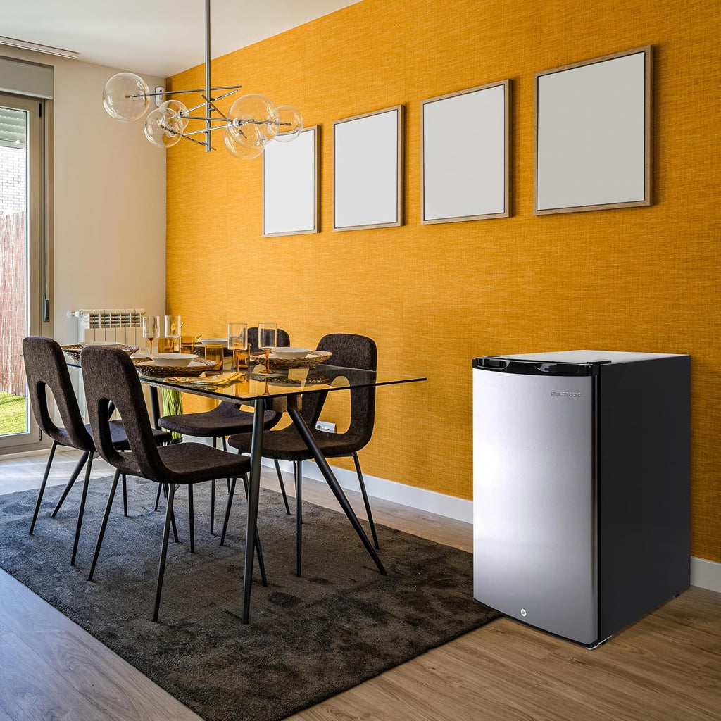 West Bend Mini Fridge Compact Refrigerator for Home Office or Dorm, Auto Defrost with Reversible Door, Energy Star Rated, 4.4-Cu.Ft., Stainless Steel