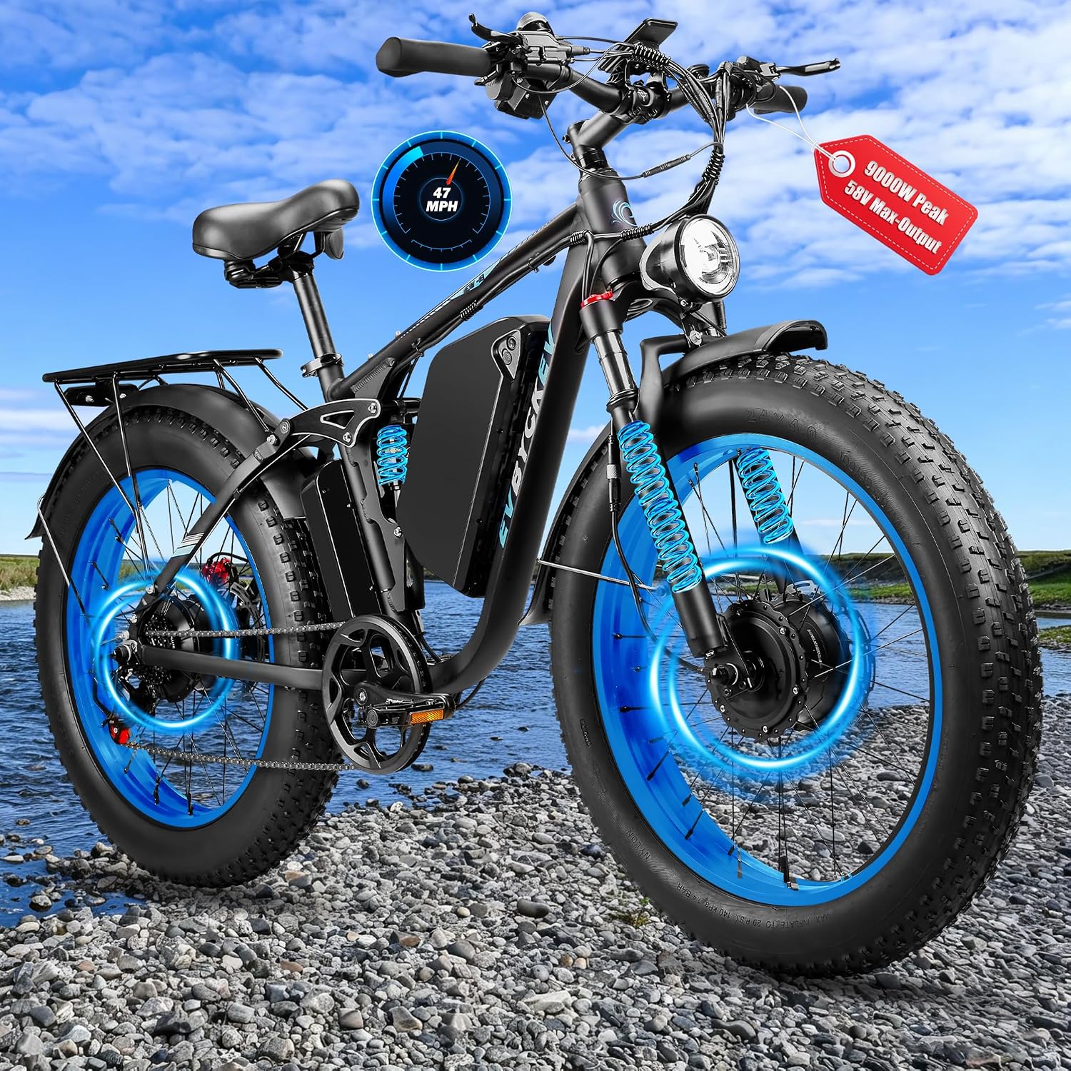 9000W Peak Dual Motor Electric Bike,52V 34Ah 1972Wh Ebike for Adults,42-47MPH Fast Ebike,Up to 105Miles 24' x4.0 Fat Tire Full Suspension Mountain Hunting E Bicycle for Sand Beach Off-Road