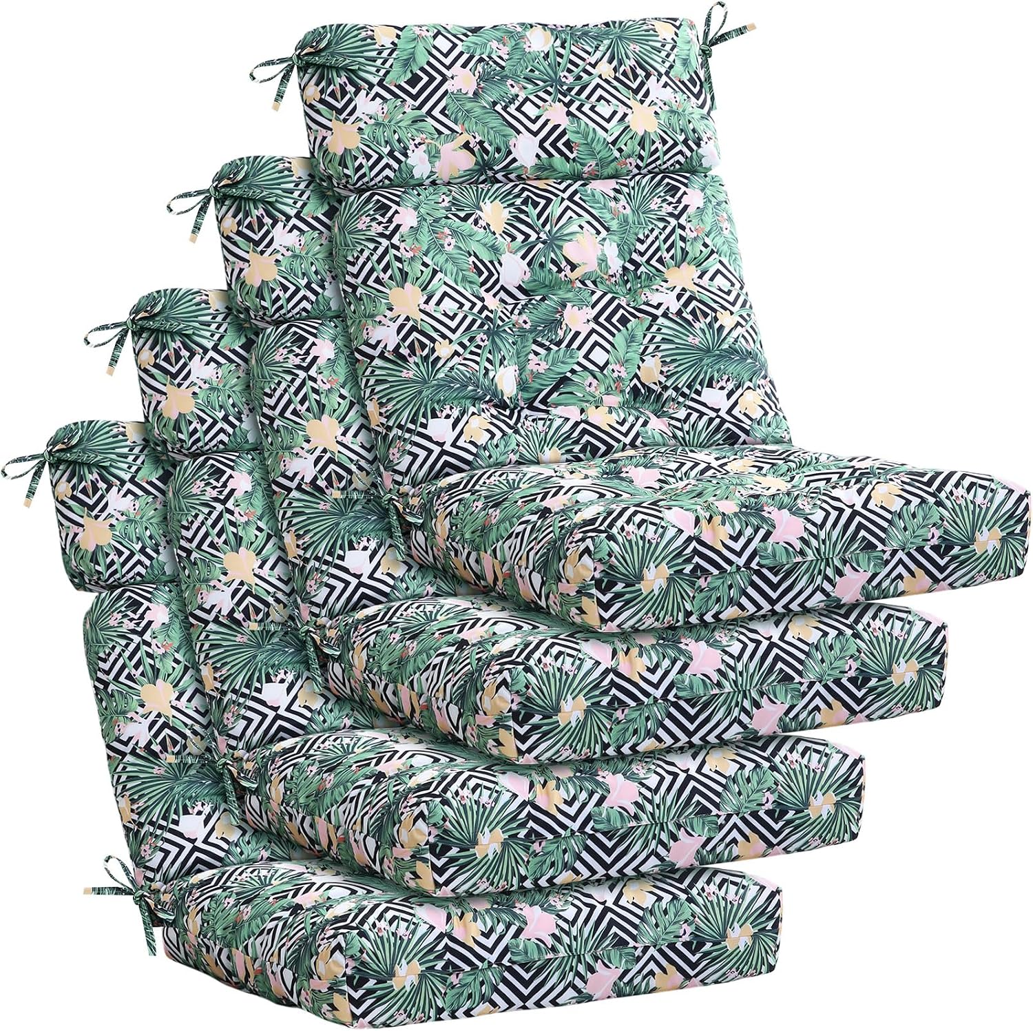 Barydat 4 Pcs Tufted High Back Chair Cushion Indoor Outdoor Seat and Back Cushions Palm Leaves Tropical Plants Lawn Rocking Chair Pads with Ties for Adirondack Patio Garden(Flower Style)