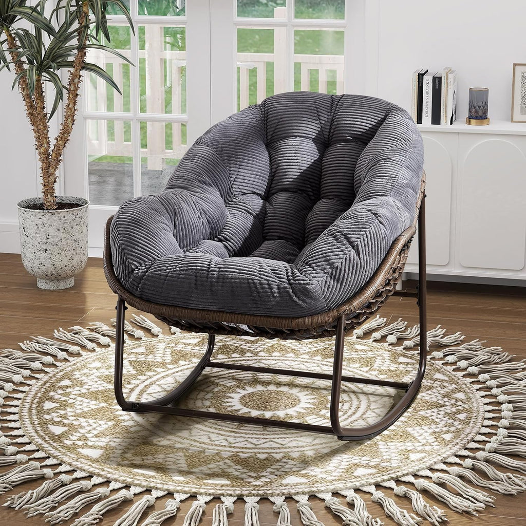 Oversized Indoor Rocking Chair, Comfy Corduroy Rocking Papasan Chair with Thick Cushion and Frame, Large Wicker Rocker Egg Chair Reading Chair for Living Room, Bedroom, Lounge,Balcony,Grey