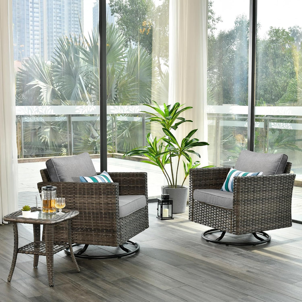 ovios 3 Pieces Patio Swivel Chairs with Side Table, Outdoor Wicker Rocking Chairs of 2 with Comfy Cushions, Rattan Glider Rocker Bistro Set for Porch Deck, Dark Grey