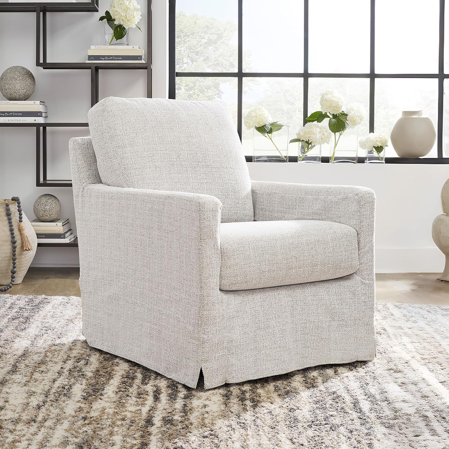 Signature Design by Ashley Nenana Next-Gen Nuvella Casual UV Resistant Upholstered Swivel Glider Accent Chair with Removable Slipcover, Light Gray