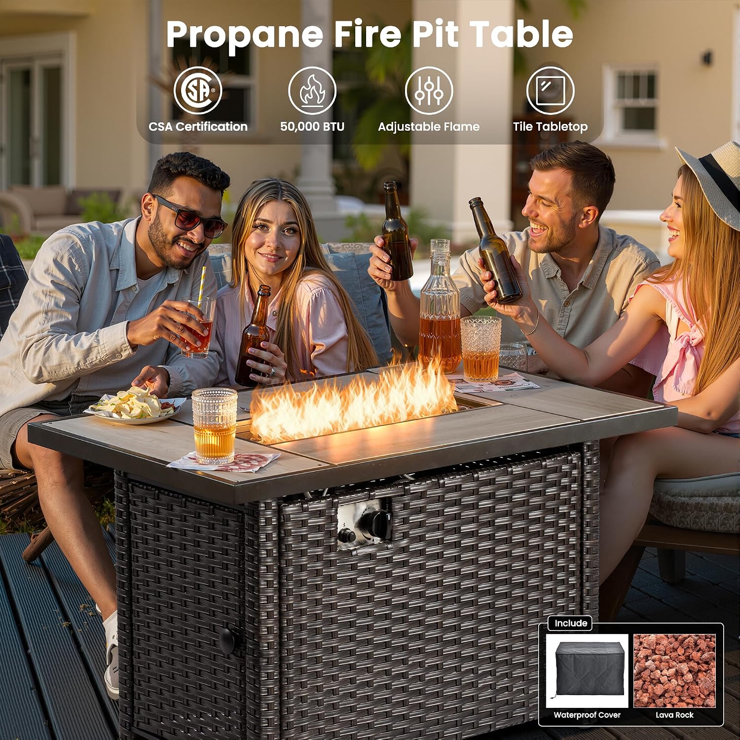 ovios 6 Pieces Patio Furniture Set with 42 inch Fire Pit Table, Outdoor Wicker Sofa Couch Loveseat, Swivel Rocking Glider Chairs, Modern Conversation Set, Brown Rattan, Beige