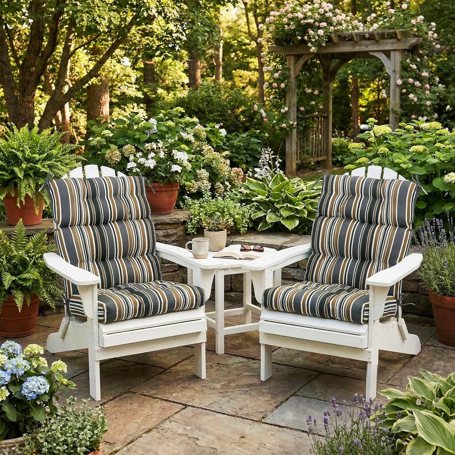 COOS BAY Outdoor Chair Cushions High Back 46x22 Inch, Tufted Patio Seat Cushions with Ties, Water-Resistant Replacement Pads, 2 Pack, Brown Stripes