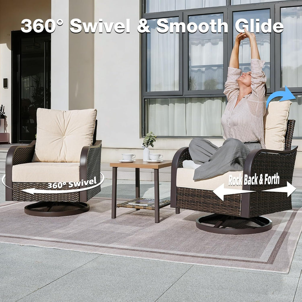 Outdoor Swivel Rocker Chairs, Wicker Swivel Rocking Chairs with 6'' Thick Cushions and Side Coffee Table, 3 Piece Patio Furniture Set for Balcony, Porch, Deck, Poolside, Beige