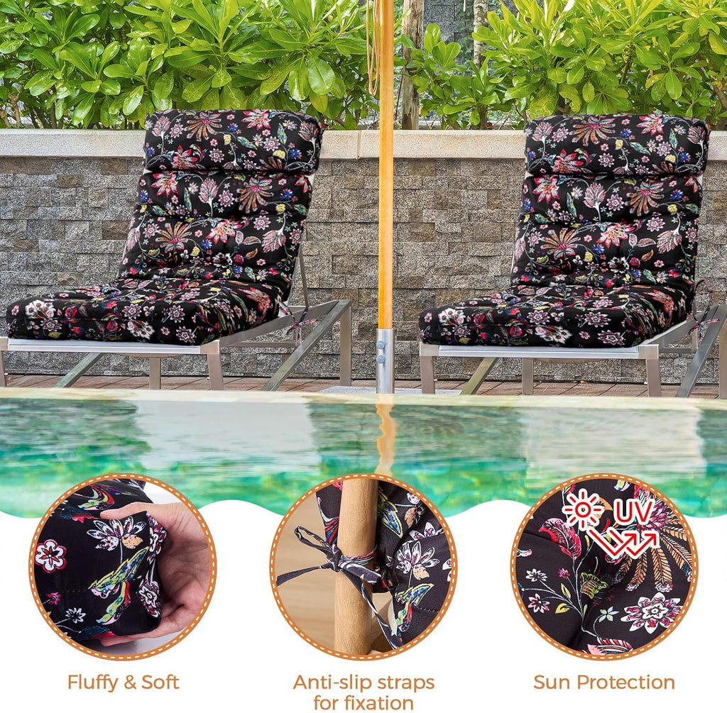 Barydat 4 Pcs Tufted High Back Chair Cushion Indoor Outdoor Seat and Back Cushions Palm Leaves Tropical Plants Lawn Rocking Chair Pads with Ties for Adirondack Patio Garden(Black Flower)