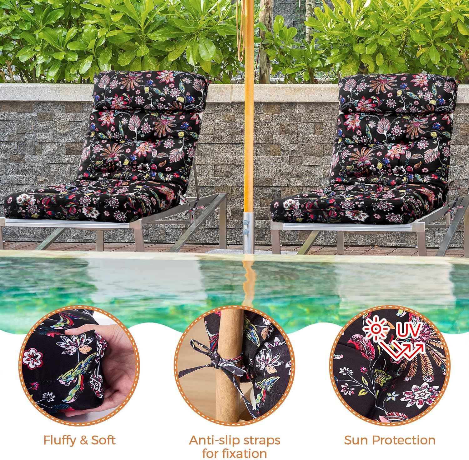 Barydat 4 Pcs Tufted High Back Chair Cushion Indoor Outdoor Seat and Back Cushions Palm Leaves Tropical Plants Lawn Rocking Chair Pads with Ties for Adirondack Patio Garden(Black Flower)