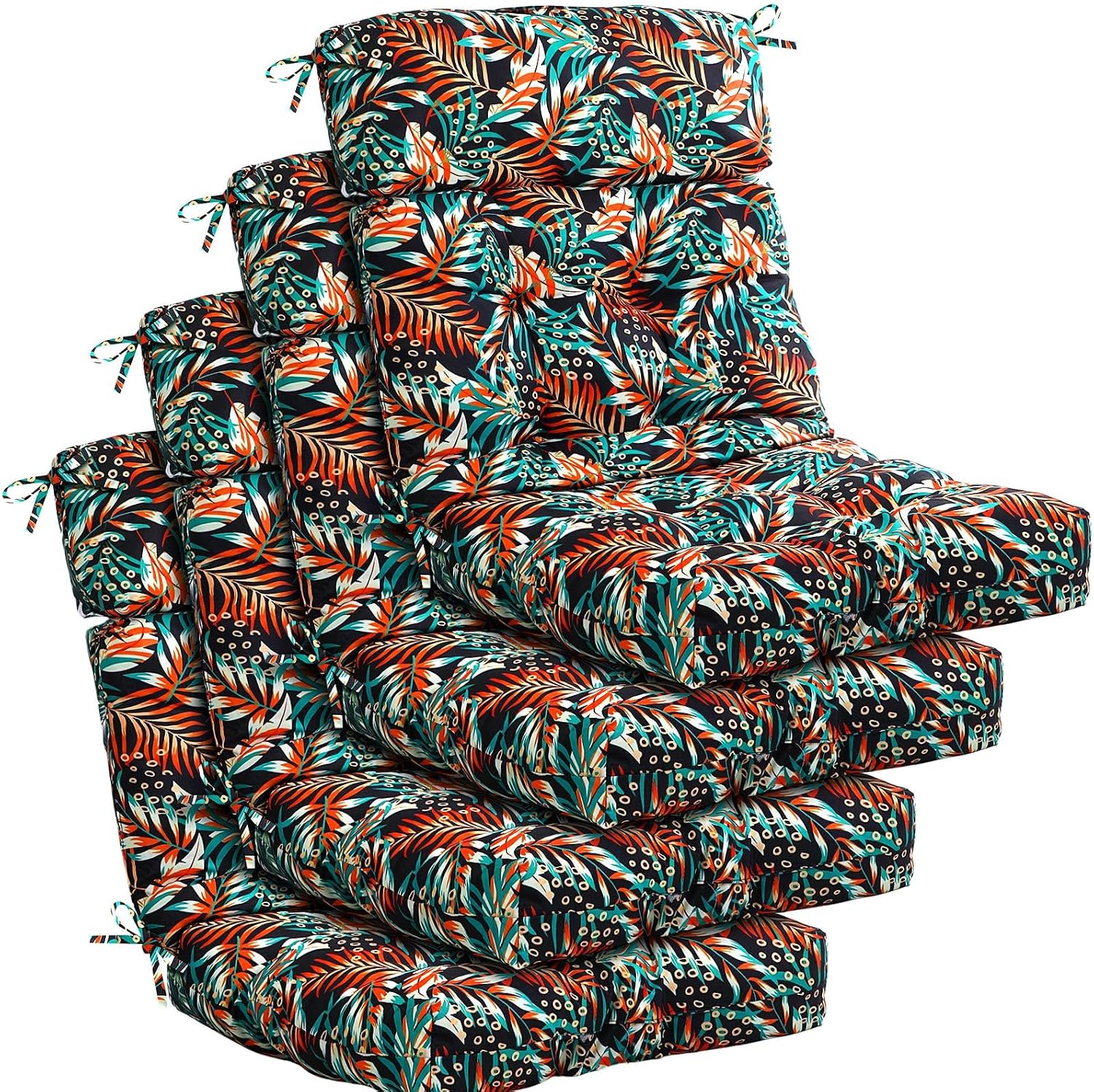 Barydat 4 Pcs Tufted High Back Chair Cushion Indoor Outdoor Seat and Back Cushions Palm Leaves Tropical Plants Lawn Rocking Chair Pads with Ties for Adirondack Patio Garden (Simple Style)