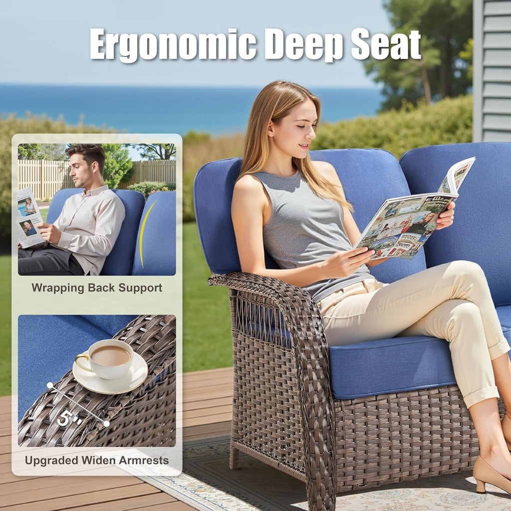 75'' Outdoor Patio Couch Wicker Sofa, All Weather Rattan 3 Seater Sofa High Back Couch with Deep Seating and Removable Cover, Outdoor Patio Furniture for Deck Porch Sunroom Backyard, Blue