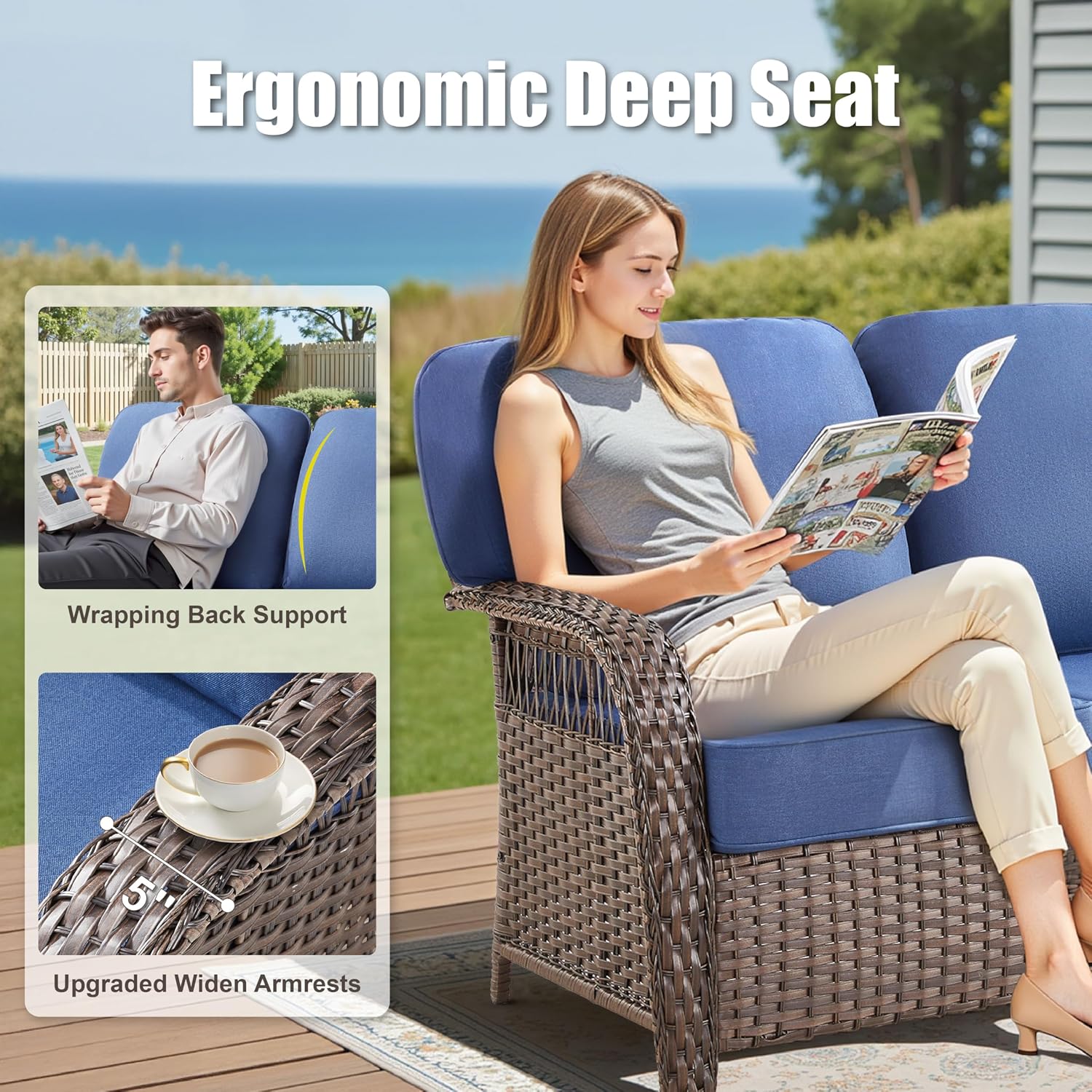 75'' Outdoor Patio Couch Wicker Sofa, All Weather Rattan 3 Seater Sofa High Back Couch with Deep Seating and Removable Cover, Outdoor Patio Furniture for Deck Porch Sunroom Backyard, Blue