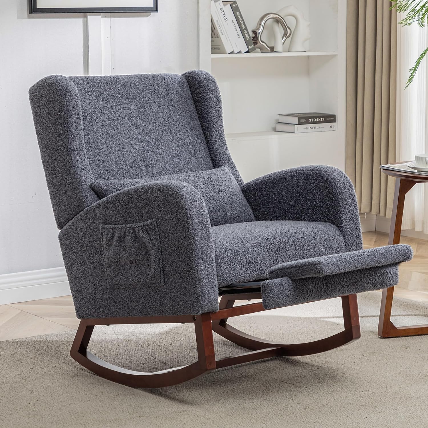 HCHAIRH Rocking Chair with Foot Rest,Teddy Nursery Rocking Chairs, Wingback Nursing Glider Rocker Chair with Pillow and High Back for Nursery, Living Room, Bedroom, Dark Grey