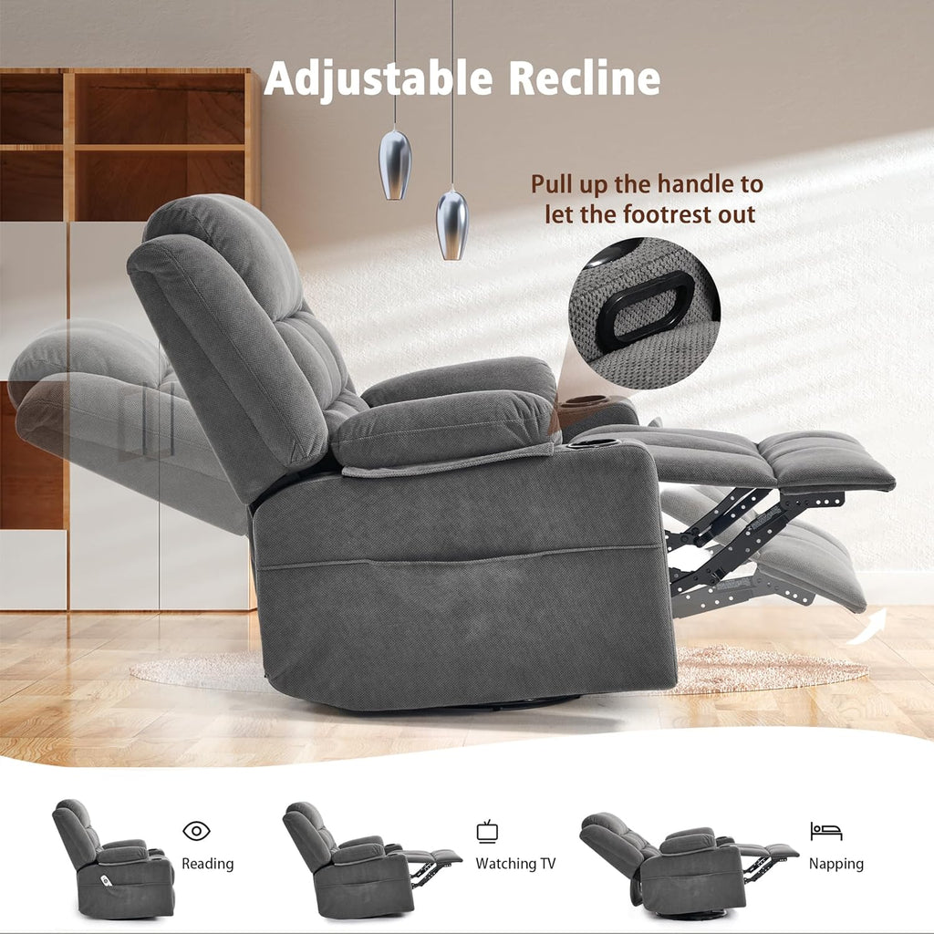 Ketaiyou Swivel Rocker Recliner Chair for Adults with Massage and Heat, Cup Holders and Side Pockets, Glider Rocking Reclining Single Sofa Chair for Living Room(DK Grey)