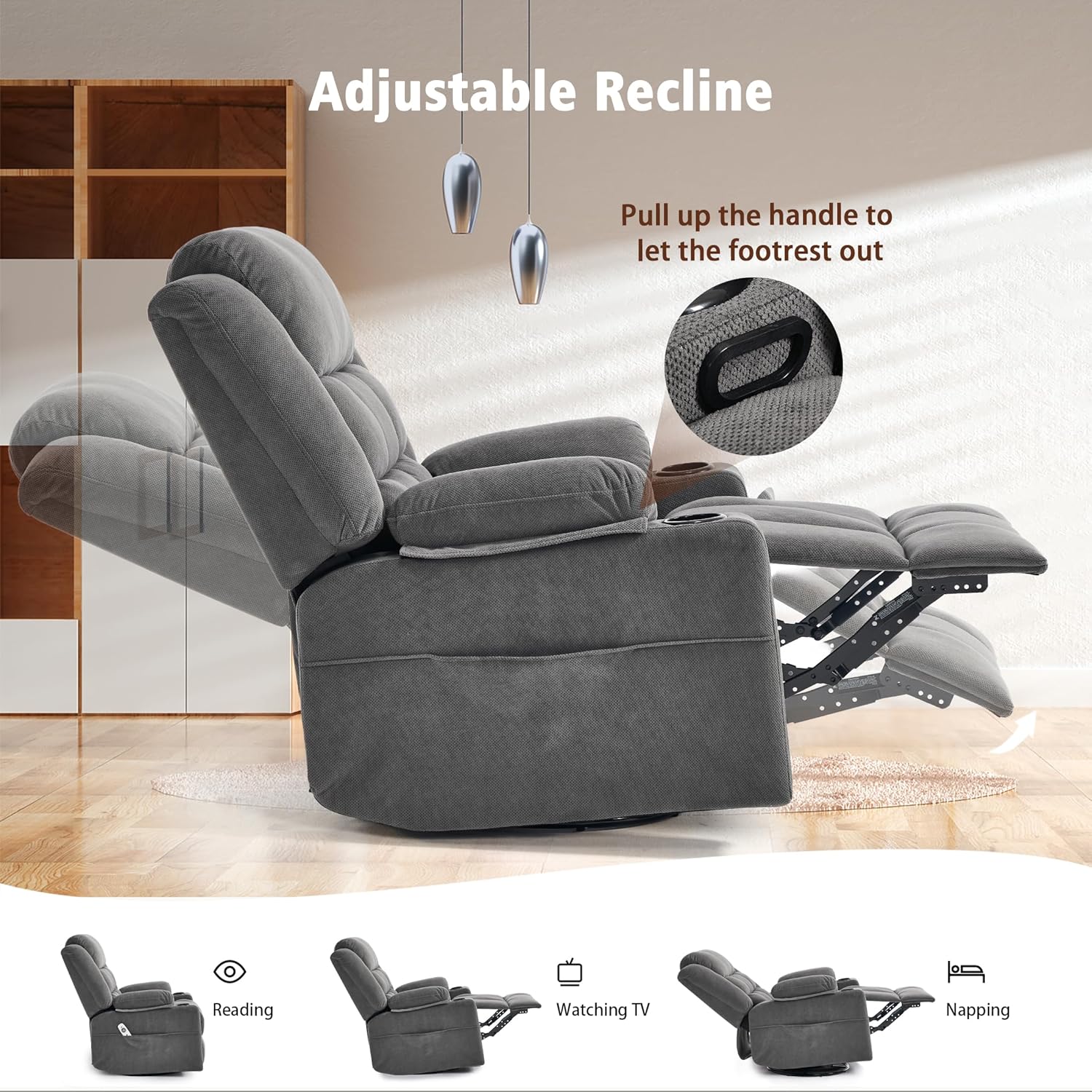 Ketaiyou Swivel Rocker Recliner Chair for Adults with Massage and Heat, Cup Holders and Side Pockets, Glider Rocking Reclining Single Sofa Chair for Living Room(DK Grey)