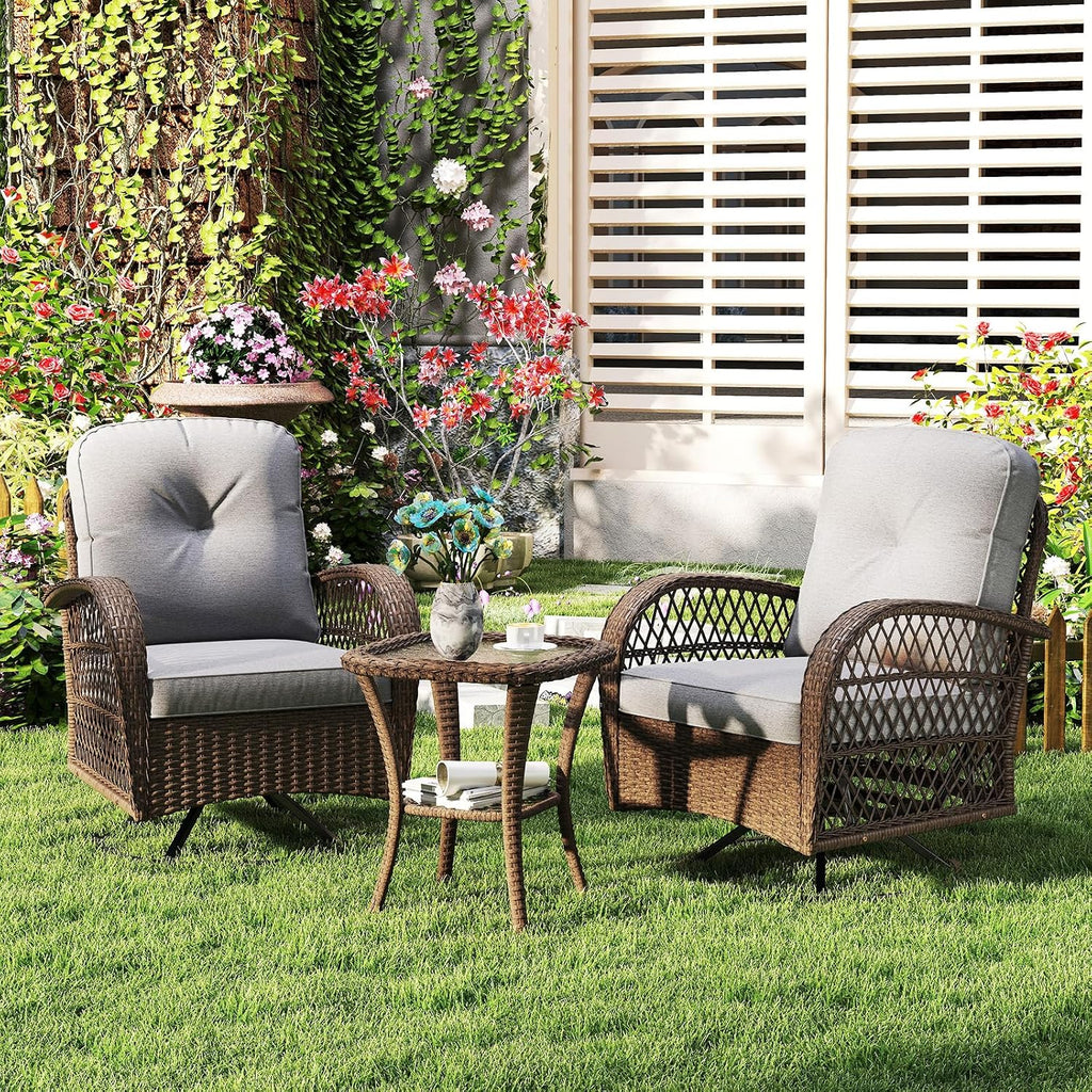 Tangkula 3 Piece Patio Swivel Rocker Set, 2 Outdoor Wicker Rocking Chairs with Tempered Glass Side Table, Outside Gliding Bistro Furniture Set with Thick Cushions for Porch, Yard, Balcony (Gray)