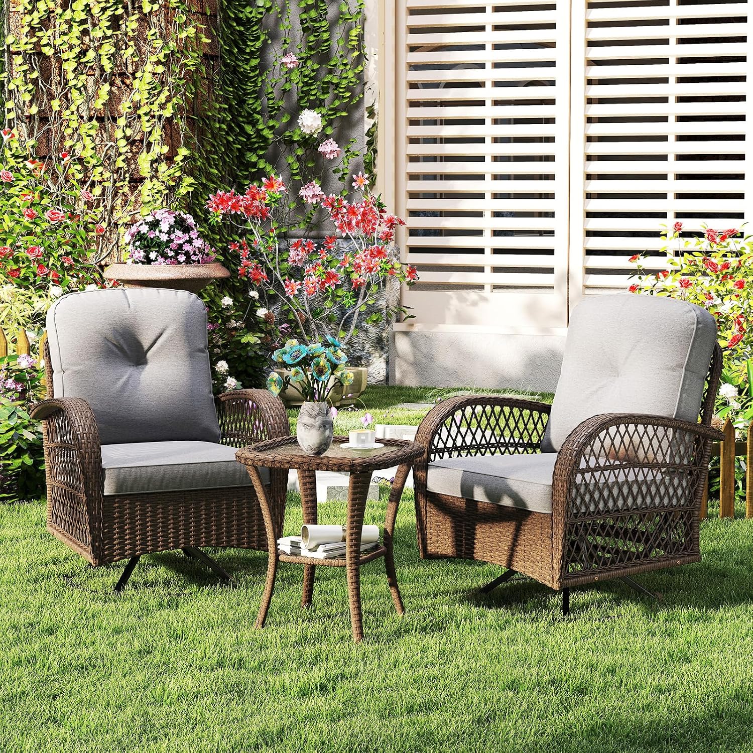 Tangkula 3 Piece Patio Swivel Rocker Set, 2 Outdoor Wicker Rocking Chairs with Tempered Glass Side Table, Outside Gliding Bistro Furniture Set with Thick Cushions for Porch, Yard, Balcony (Gray)