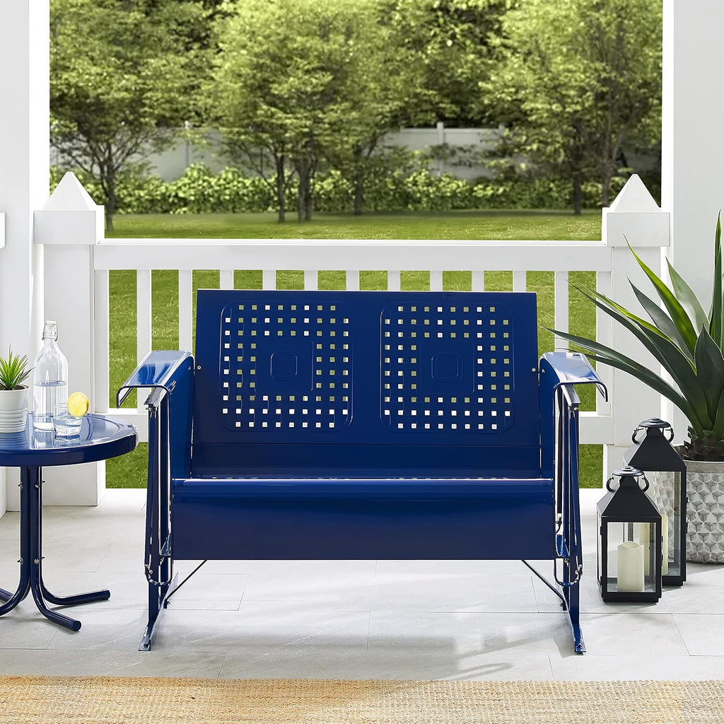 Crosley Furniture Bates Retro Metal Outdoor Loveseat Glider, 2-Person Rocking Patio Bench for Porch, Deck, Navy Gloss