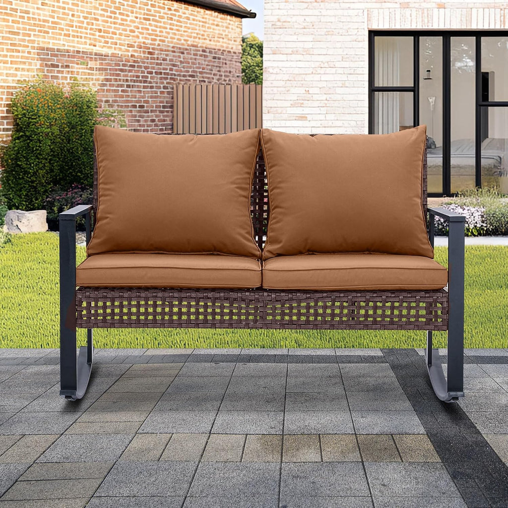 GDY Outdoor Wicker Loveseat Rocking Chair, Patio Outdoor Furniture Conversation Sets, Rattan Rocker Chair with Cushions, Modern Cozy Rocking Wicker Furniture for Garden, Porch, Poolside & Deck, Brown.