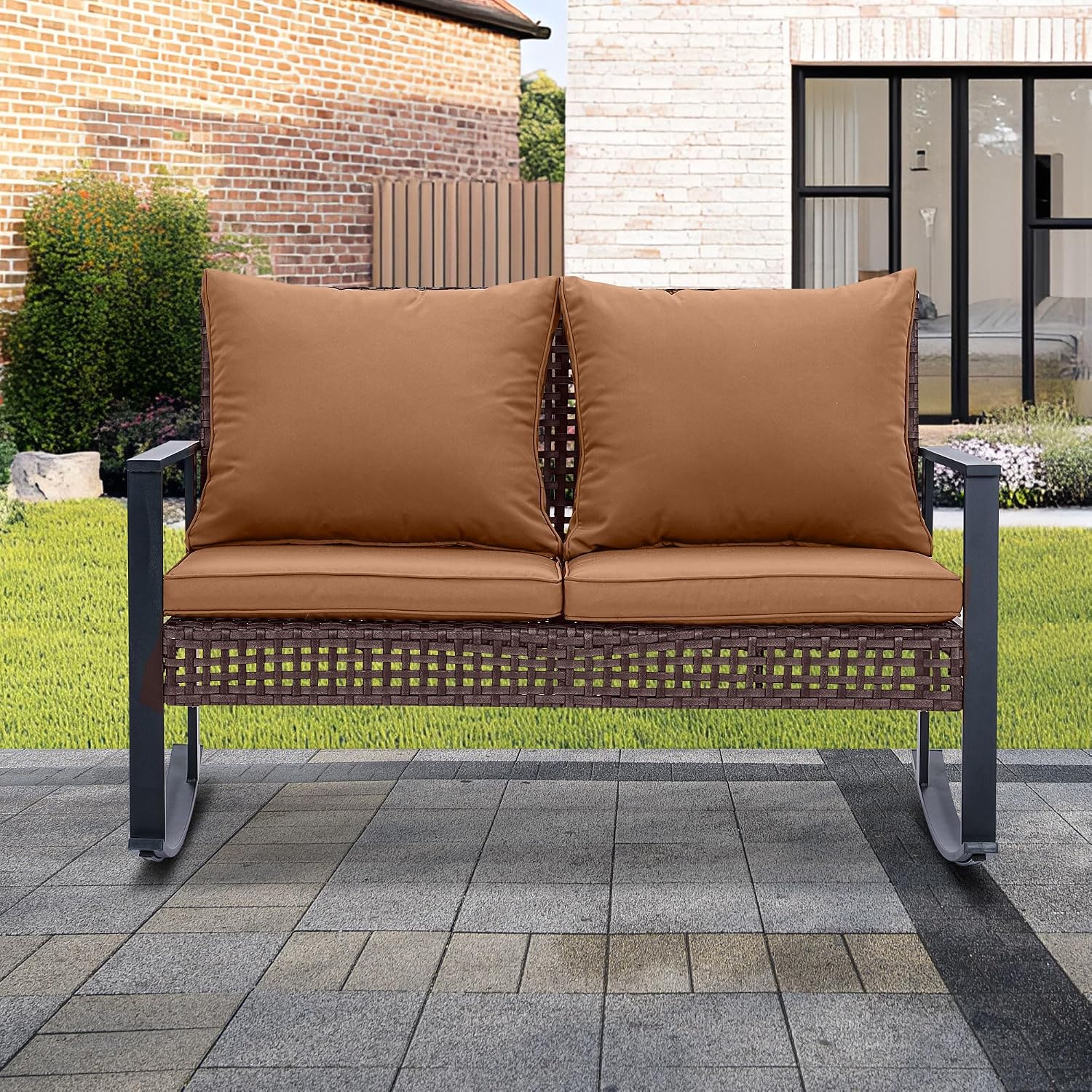 GDY Outdoor Wicker Loveseat Rocking Chair, Patio Outdoor Furniture Conversation Sets, Rattan Rocker Chair with Cushions, Modern Cozy Rocking Wicker Furniture for Garden, Porch, Poolside & Deck, Brown.