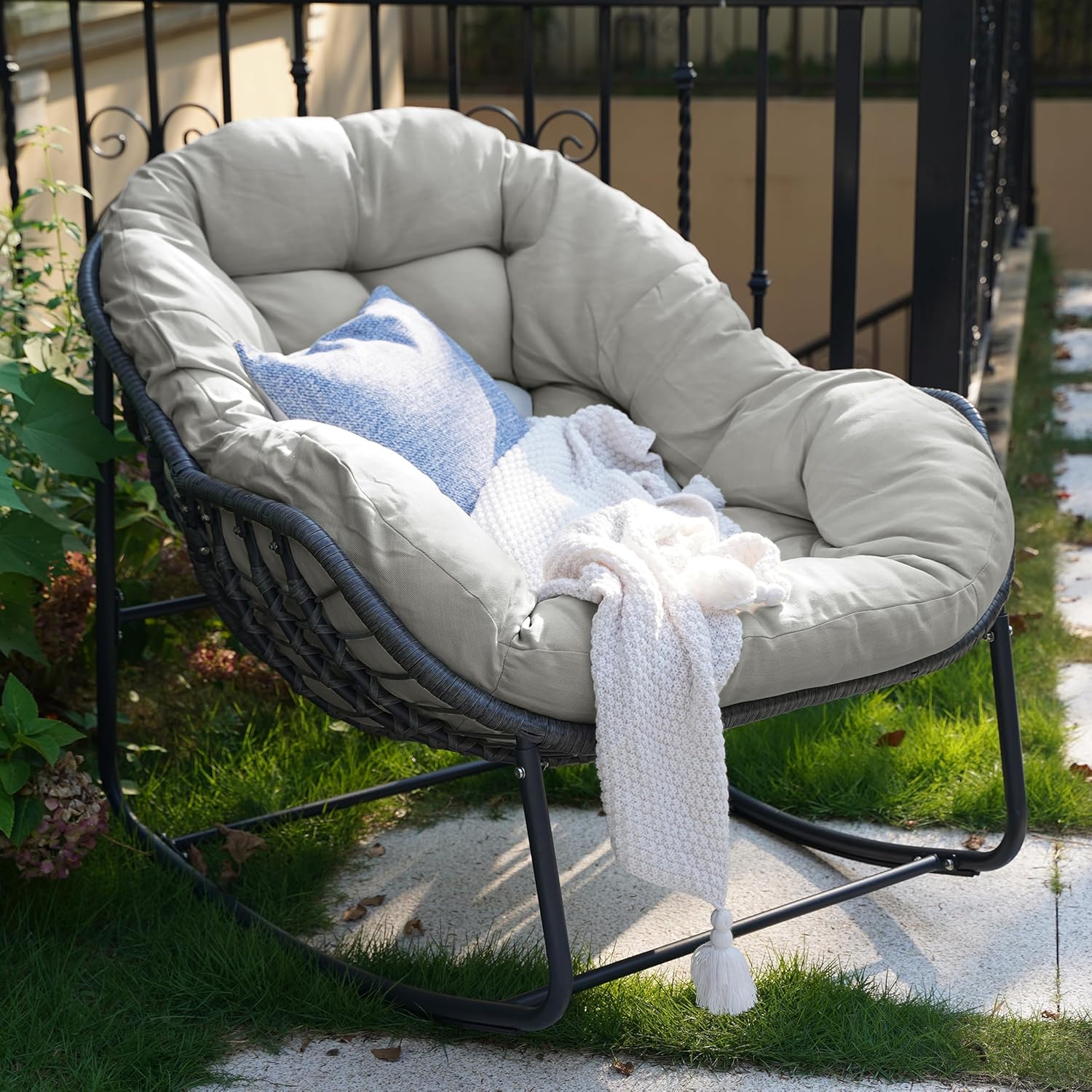 Rocking Chair Outdoor, Oversized Papasan Rocking Chair Indoor with 6' Thick Padded Cushion, Comfy Rattan Rocker Egg Chair for Patio, Backyard, Garden, Balcony, Lawn, Up To 450lbs, Light Gray