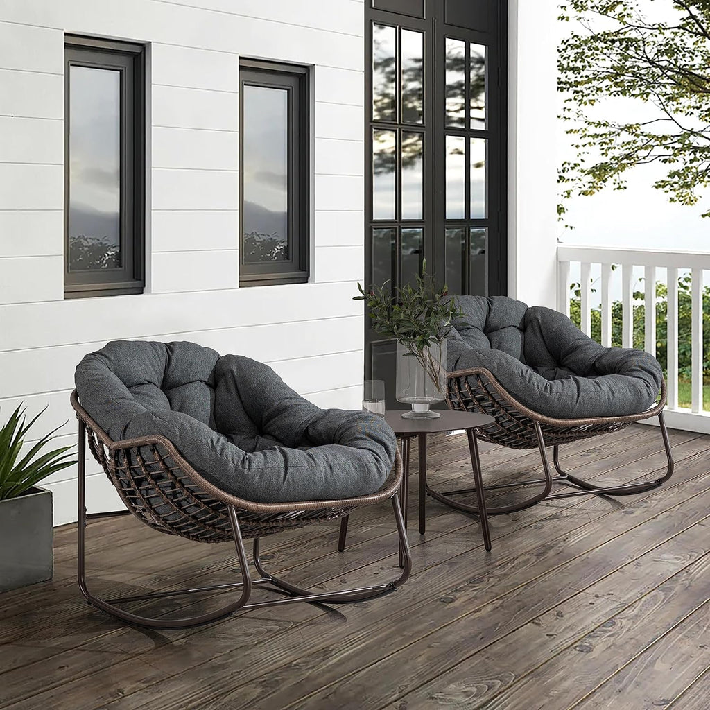 Rattan Rocking Chair for Indoor Outdoor, Patio Oversized Wicker Egg Chair with Steel Frame, Olefin Padded Cushion Rocker Recliner Chair, Comfy Lounger Papasan Chair for Living Room Porch Garden, Grey