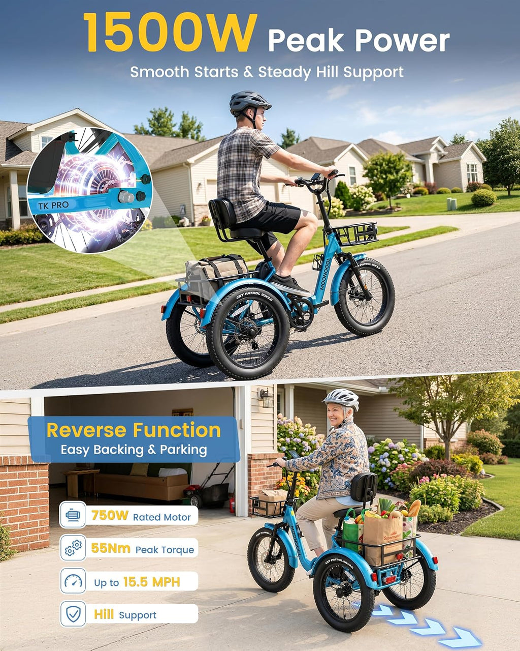 MOONCOOL Electric Trike for Adults, 500W/750W 48V Electric Tricycle for Adults, 20'x3.0' Fat Tire 3 Wheel Electric Bike, Folding Aluminum Adult Tricycle with Removable Battery
