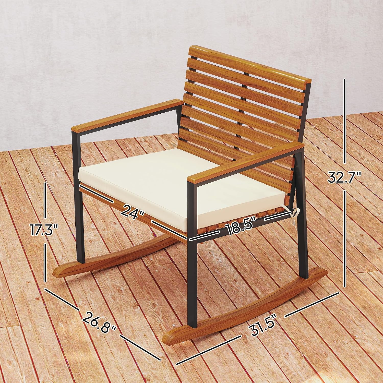 Outsunny Outdoor Rocking Chair Set of 2, Acacia Wood Outdoor Rockers with Armrests, Cushion, Patio Wooden Rocking Chair Set for Garden, Balcony, Porch, 353 lbs. Capacity, Cream White