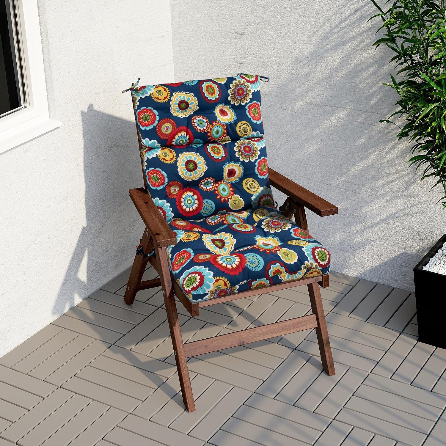 Magpie Fabrics Indoor Outdoor Tufted High Back Chair Cushion Set of 2, Waterproof All-Weather Deep Seating Rocking Chair Patio Chaise Lounge Sun Lounger Chair Cushions(Floral Navy)