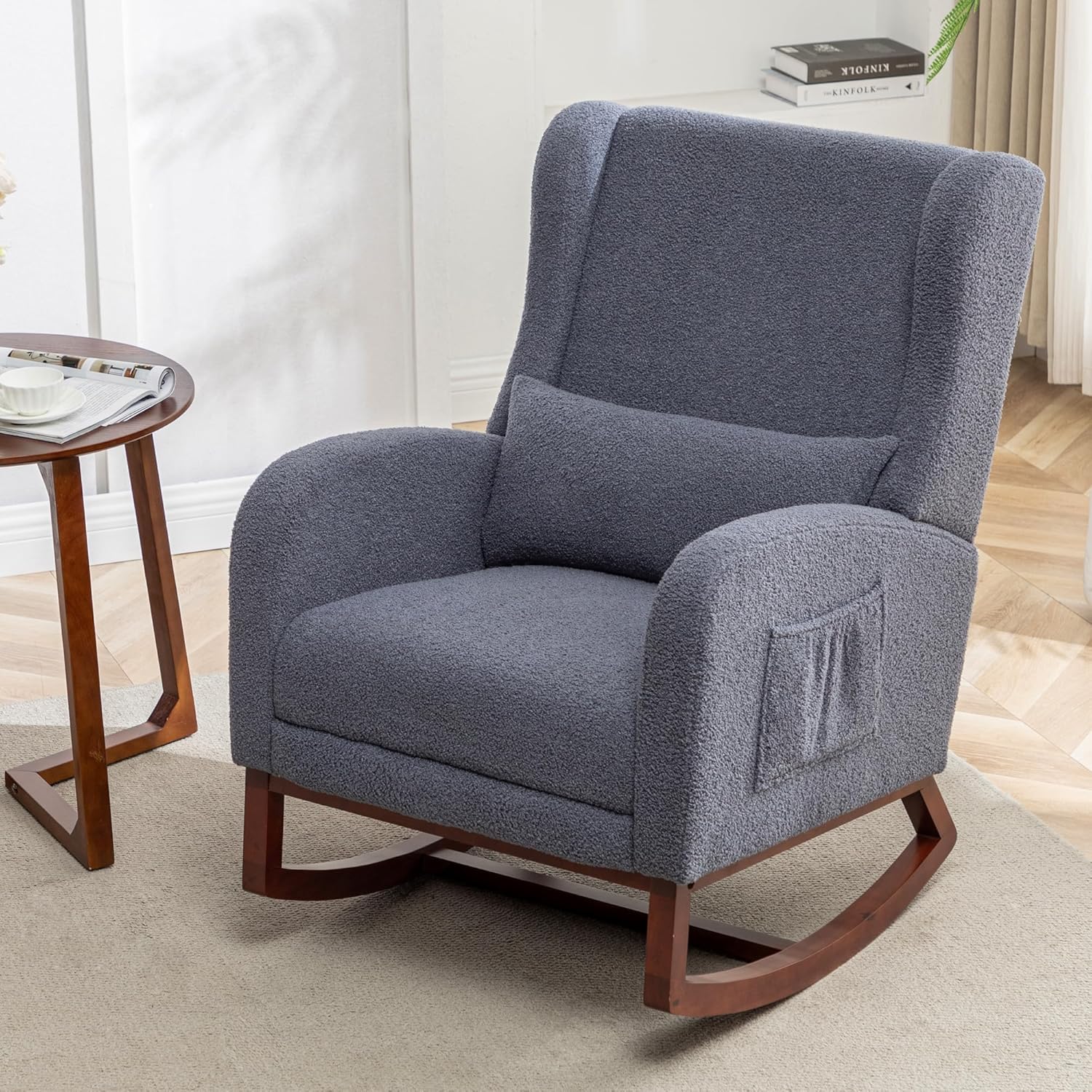 HCHAIRH Rocking Chair with Foot Rest,Teddy Nursery Rocking Chairs, Wingback Nursing Glider Rocker Chair with Pillow and High Back for Nursery, Living Room, Bedroom, Dark Grey