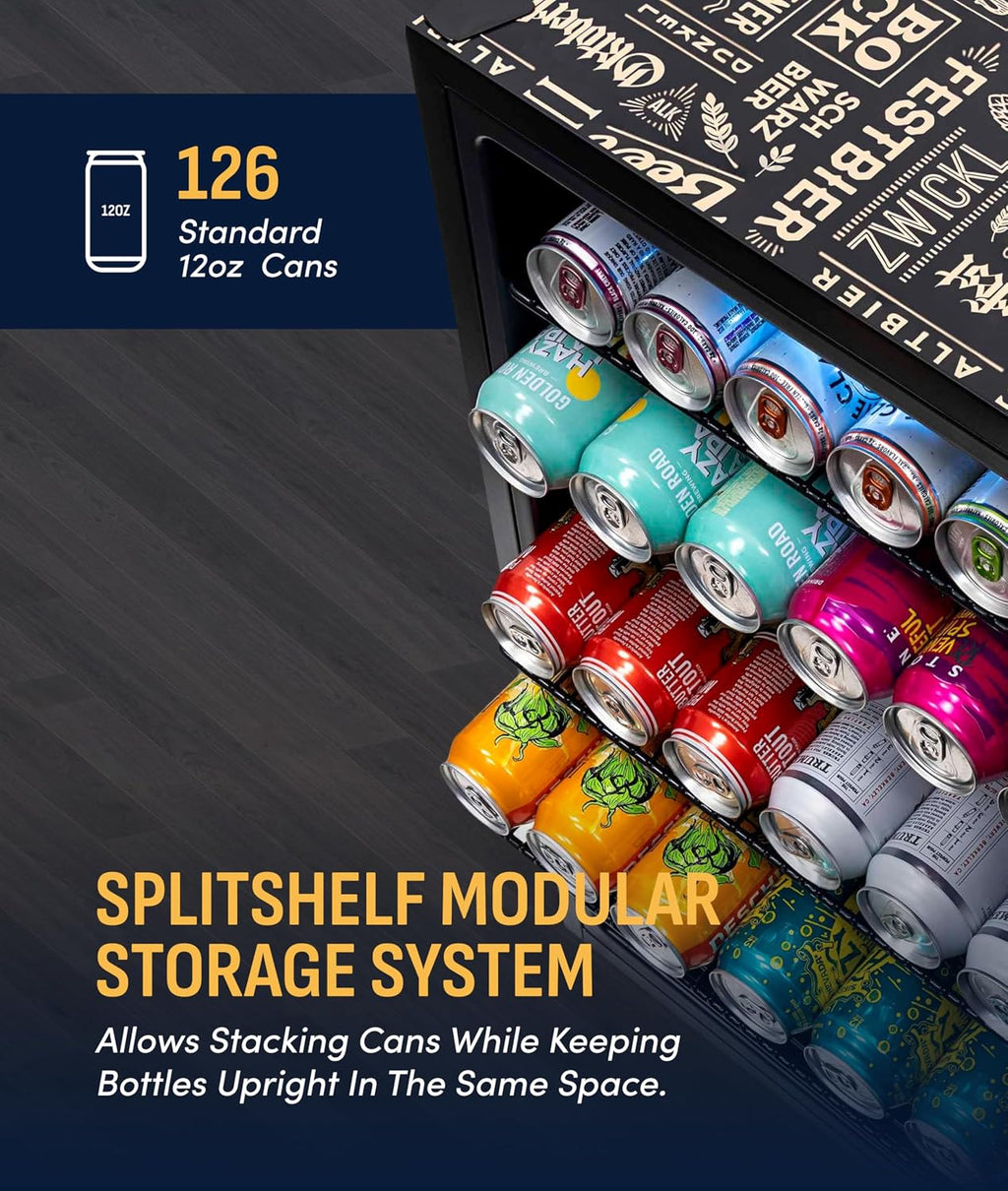 NewAir 126 Can Beverage Refrigerator | Freestanding Mini Fridge for Home Bar or Office | SplitShelf Storage, 32°F Cooling & LED Lighting | 'Beers of the World' Design