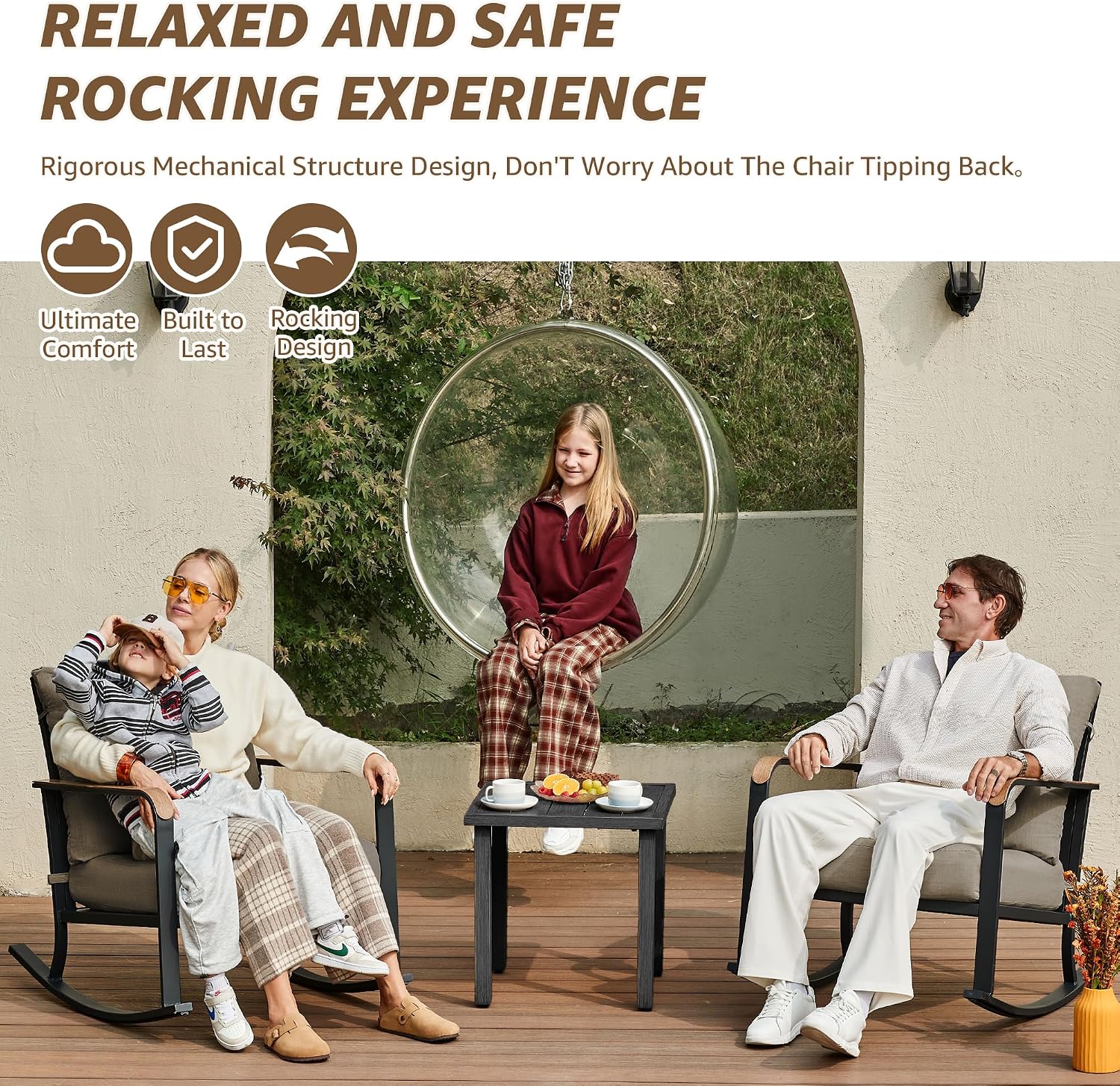 NATURAL EXPRESSIONS 3-Piece Patio Bistro Rocking Set,Outdoor Rocking Chairs with 350lb Capacity, Thick 5.5' Olefin Cushions and Metal Coffee Table for Balcony, Porch, Backyard