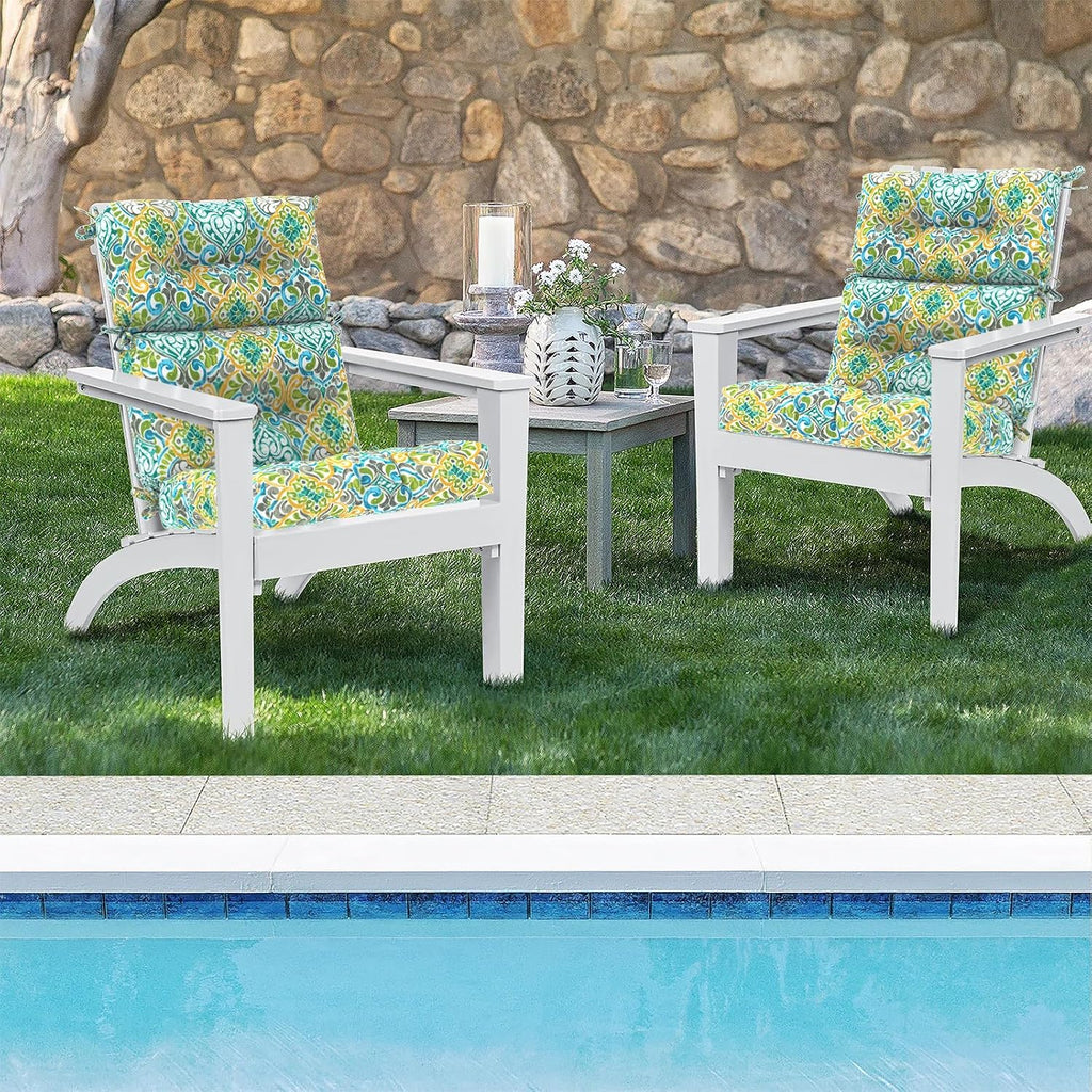 DYTXIII Outdoor High Back Chair Cushions Set of 2, Water Repellent Tufted Rocking Seat Cushions Replacement 44 x 22 Inch, Seat & Back Chair Pads for Patio, Balcony and Indoor Use -Damask Green