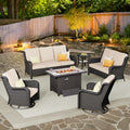 ovios 6 Pieces Patio Furniture Set with 42 inch Fire Pit Table, Outdoor Wicker Sofa Couch Loveseat, Swivel Rocking Glider Chairs, Modern Conversation Set, Brown Rattan, Beige