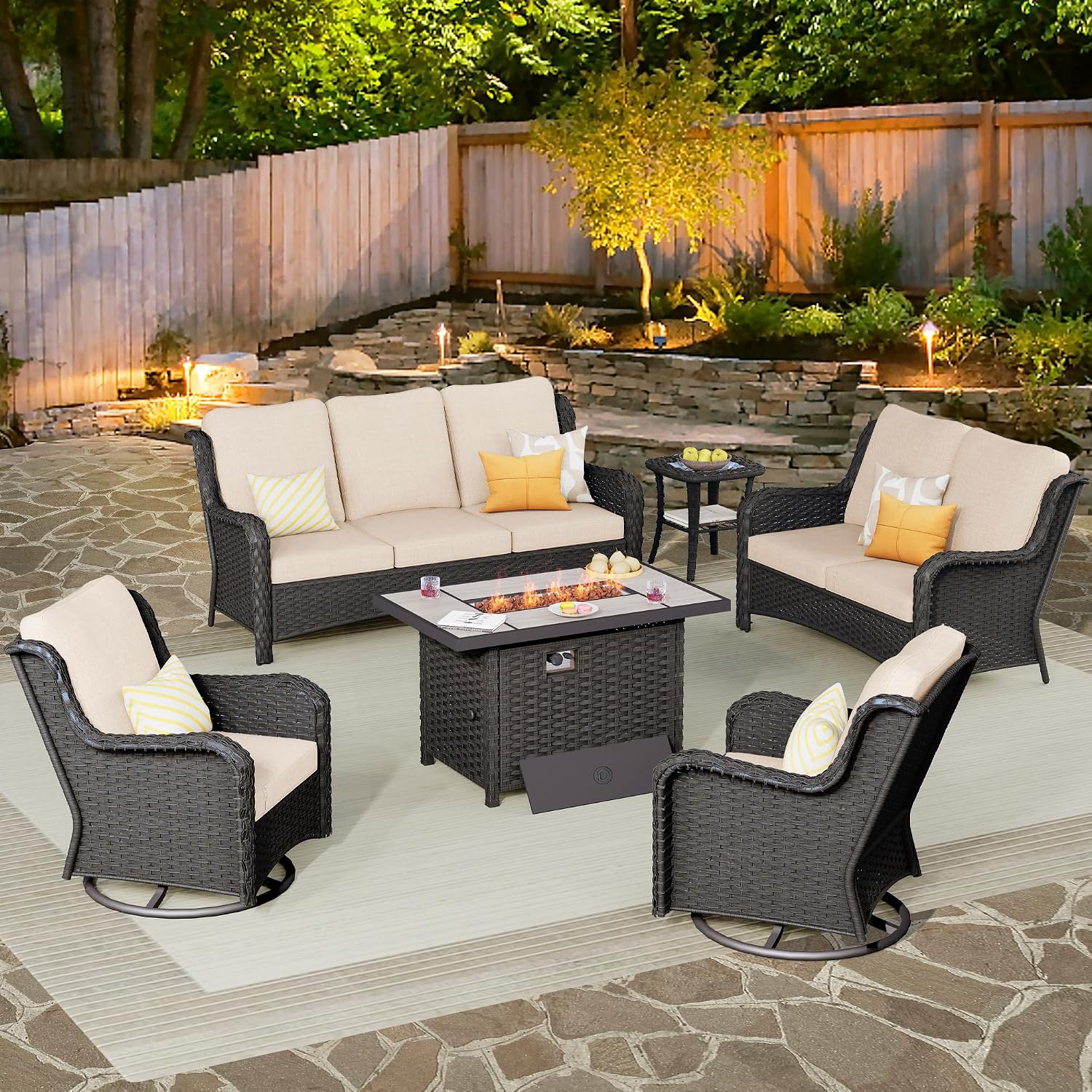 ovios 6 Pieces Patio Furniture Set with 42 inch Fire Pit Table, Outdoor Wicker Sofa Couch Loveseat, Swivel Rocking Glider Chairs, Modern Conversation Set, Brown Rattan, Beige