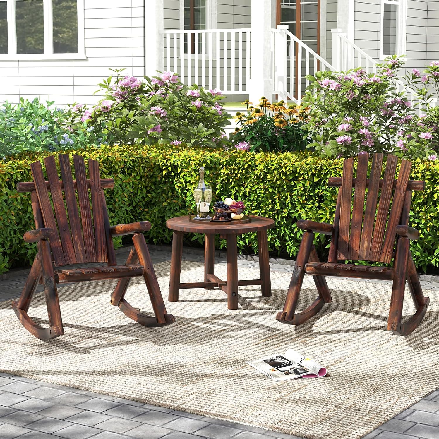 Tangkula Wood Outdoor Rocking Chairs Set of 2, Outside Adirondack Rocker with High Back and Slatted Seat, Oversized Porch Rocking Chair for Balcony, Garden, Backyard, Patio