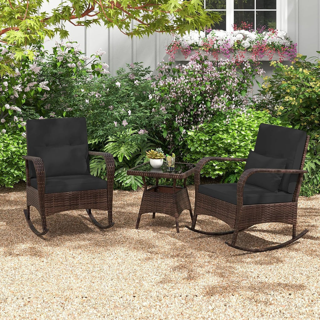 Tangkula 3 Pieces Rocking Bistro Set, Patiojoy Outdoor PE Rattan Rocker Chairs with Removable Cushions & Tempered Glass Top Coffee Table, Outdoor Wicker Furniture Set for Porch, Garden (Black)