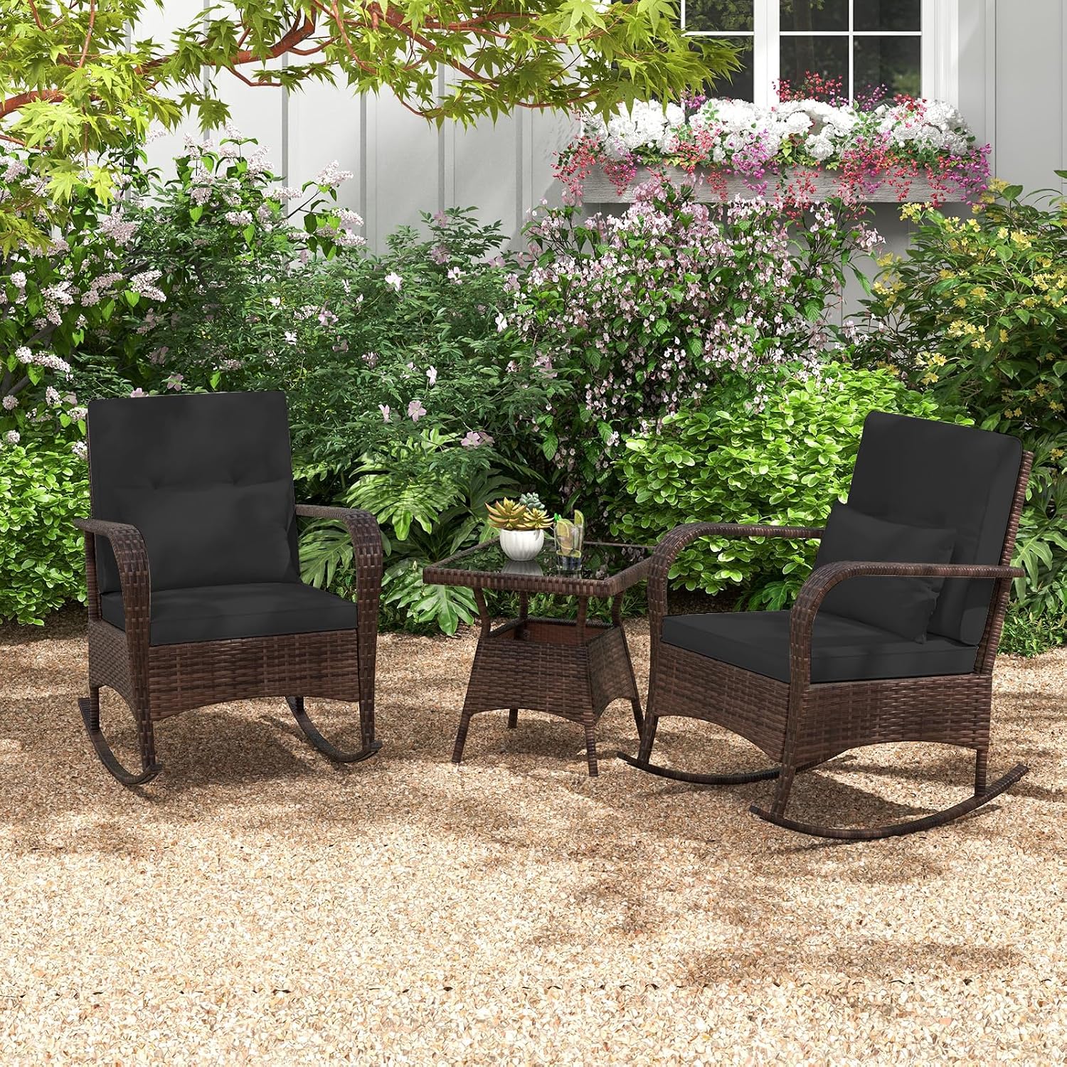 Tangkula 3 Pieces Rocking Bistro Set, Patiojoy Outdoor PE Rattan Rocker Chairs with Removable Cushions & Tempered Glass Top Coffee Table, Outdoor Wicker Furniture Set for Porch, Garden (Black)