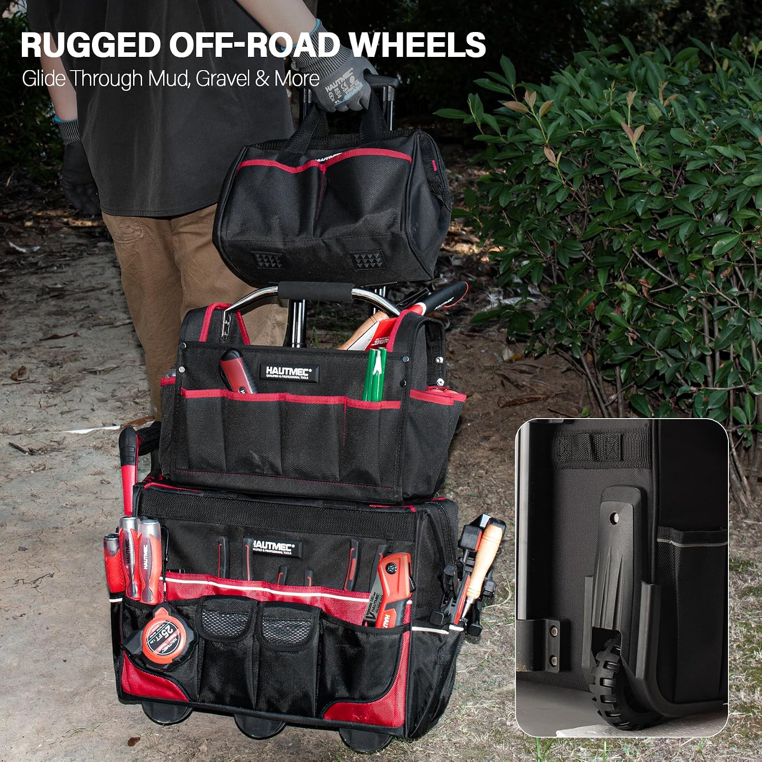 HAUTMEC 3-Piece Rolling Tool Bag Set, 18' Wheeled Tool Bag, 15' Open Top Tool Tote & 12' Wide Mouth Small Bag, Heavy-Duty 1680D Water-Resistant Tool Storage with Off-Road Wheel & Telescoping Handle